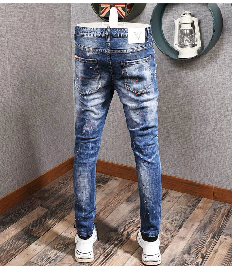Fashion Streetwear Men Jeans Retro Black Blue Elastic Slim Fit Ripped Jeans Men Spliced Designer Embroidery Hip Hop Denim Pants PlatiNum