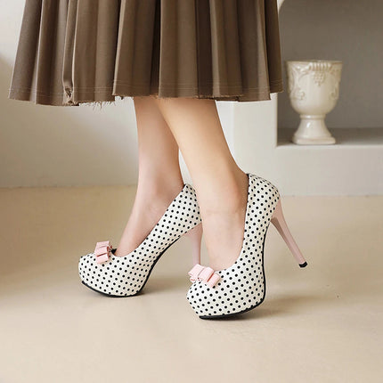 Sexy Super High Heels Women Platform Pumps Polka dot Bow Party Dress Shoes Woman Elegant Wedding Shoes Female 12cm Stilettos PlatiNum