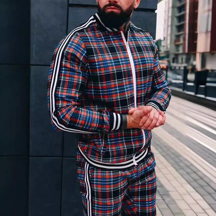 2025 Men Tracksuit 2pc Set Gym Hiking Plaid Zipper Hoodie Cargo Pants Autumn Athleisure Outfit Fleece Jogger Sportswear PlatiNum