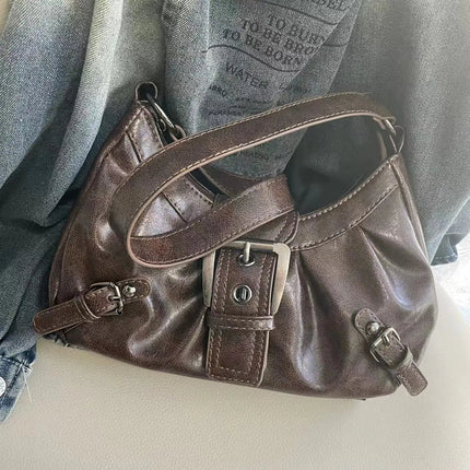 Y2K Vintage Distressed Leather Women Bag Shoulder Bag Maillard Style Underarm Purse Two Tone Crossbody Bag for Women PlatiNum