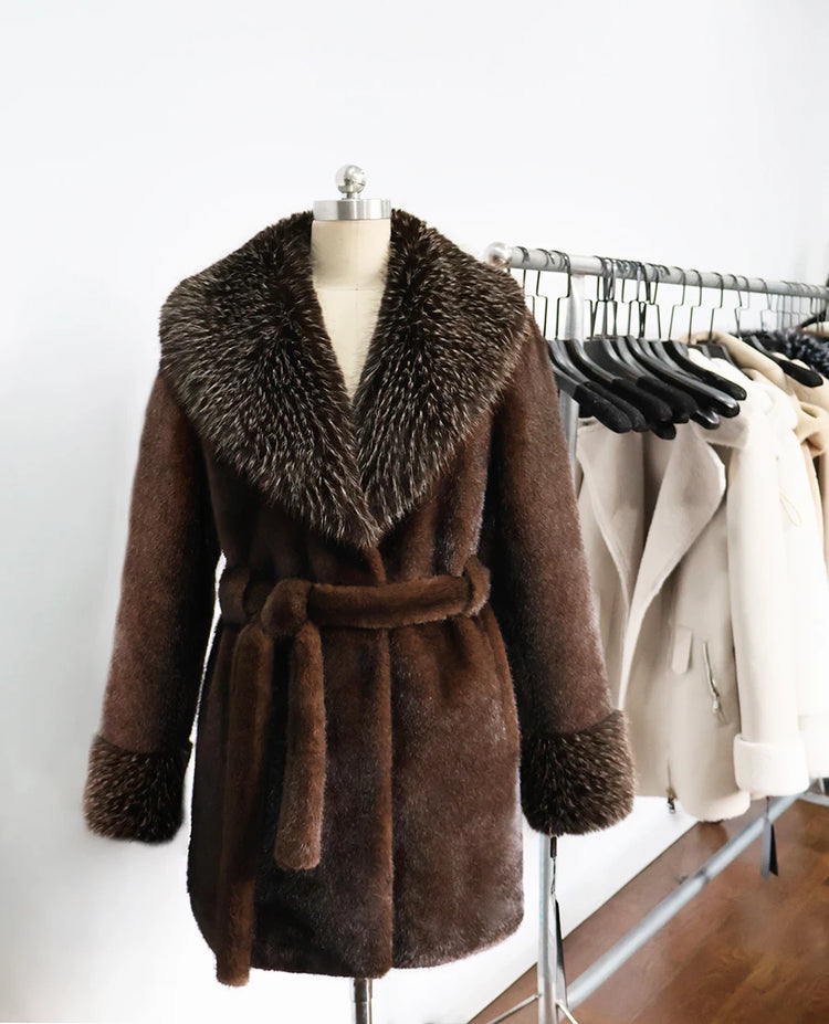 ZADORIN Luxury Long Mink Coat Faux Raccoon Fur Collar Warm Black Fur Coat Woman Elegant Belted Faux Fur Jacket Winter Outerwears