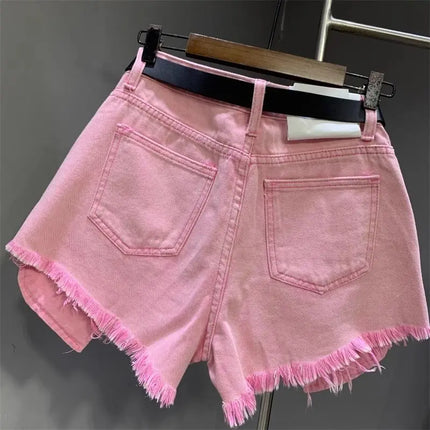 New style ripped denim shorts with frayed washed pockets and wide legs