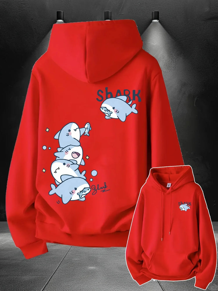 2026 Hoodie men's cute stacked cartoon shark pattern print autumn and winter loose casual pullover sweatshirt