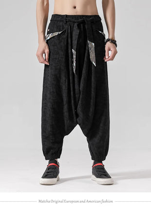 Pantaloni a gamba larga da uomo in cotone e lino casual oversize Harajuku pantaloni alla moda da uomo samurai giapponese retrò Ukiyo-e stampa pantaloni con cintura da uomo