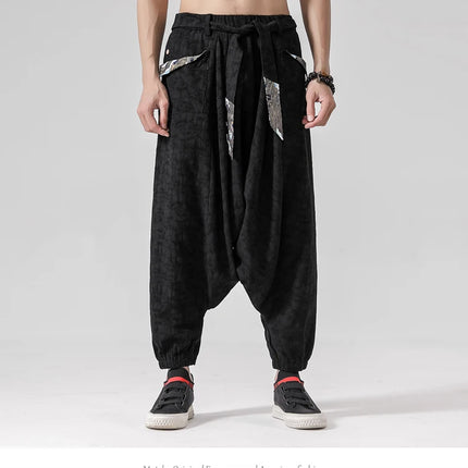 Pantaloni a gamba larga da uomo in cotone e lino casual oversize Harajuku pantaloni alla moda da uomo samurai giapponese retrò Ukiyo-e stampa pantaloni con cintura da uomo