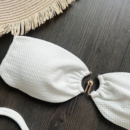 Nuovo Costume da Bagno Bikini Donna a Due Pezzi con Fascia Arricciata, Anello in Metallo e Perizoma platinumshop