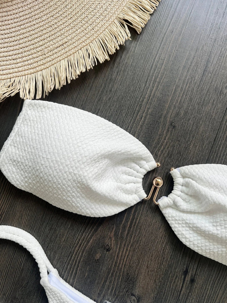 Nuovo Costume da Bagno Bikini Donna a Due Pezzi con Fascia Arricciata, Anello in Metallo e Perizoma platinumshop