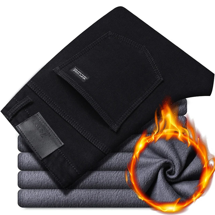 Winter Pure Black Fleece Thick Warm Jeans Men's Slim Straight Elastic Denim Pants Casual Male Clothing Fashion Plush Trousers