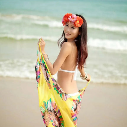 Copricostumi stampati Abito da spiaggia sexy Donna Halter Sling Chiffon Asciugamano da spiaggia Bikini Wrap Pareo Gonne Costumi da bagno aperti sul retro platinumshop