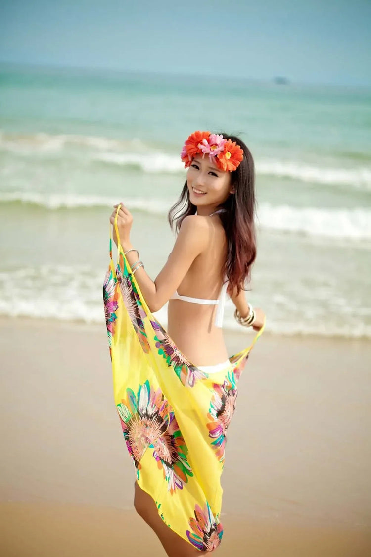 Copricostumi stampati Abito da spiaggia sexy Donna Halter Sling Chiffon Asciugamano da spiaggia Bikini Wrap Pareo Gonne Costumi da bagno aperti sul retro platinumshop