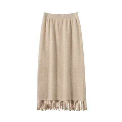 Women's Tassels Long Skirts Autumn Winter 100% Cashmere Knitwear Soft Warm Retro Casual Clothing Versatile Hide Fat Make Slim PlatiNum