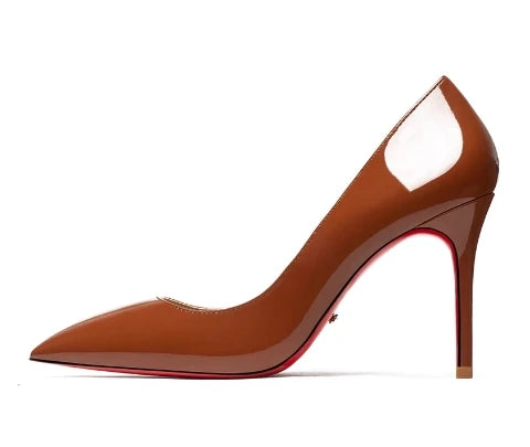 HLTINO 12CM Brown Patent Leather Pumps Women Red Bottom Heels Elegant High Heeled Stilettos Evening Shoe for Party