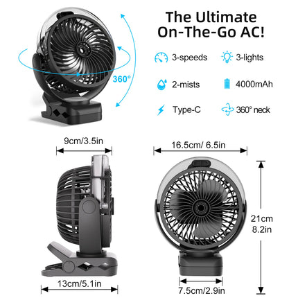 Ventilatore Portatile con Clip e Nebulizzatore da 4000mA 306 °   Ventilatore a spruzzo con impugnatura, supporto a polpo, mini umidificatore ricaricabile, 3 velocità, display digitale, ventilatore da tavolo regolabile