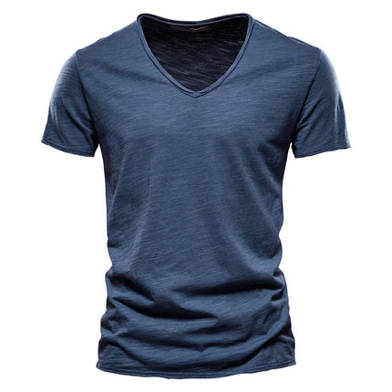 Men's 100% Cotton Branded Quality T-shirt V-Neck Fashion Design Slim Fit Solid Men's T-shirt Top Tees Short Sleeve T-shirt for Men
