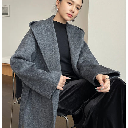Brushed 100% Wool Coat Women Hooded Belted Wrap Coat Long-Pile Double-Faced Texture Unlined Relaxed Fit Short Coats Fall Winter