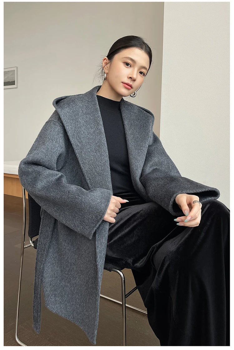 Brushed 100% Wool Coat Women Hooded Belted Wrap Coat Long-Pile Double-Faced Texture Unlined Relaxed Fit Short Coats Fall Winter