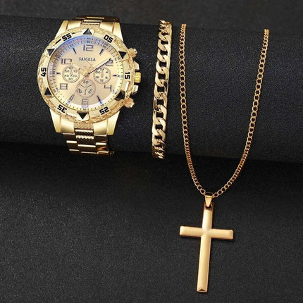 3 pz/set moda quadrante grande orologio al quarzo da uomo orologi da uomo d'affari di lusso collana braccialetto set Reloj Hombre (senza scatola) platinumshop