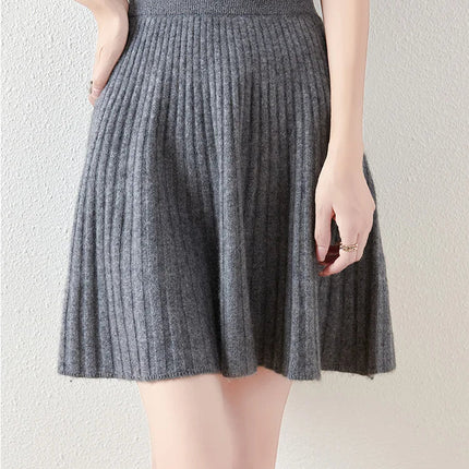 Preppy Style women's 100% Merino Wool Skirts Autumn Winter Pleated Skirt Cashmere Knitwear Short A-Line Above Knee Skirt PlatiNum