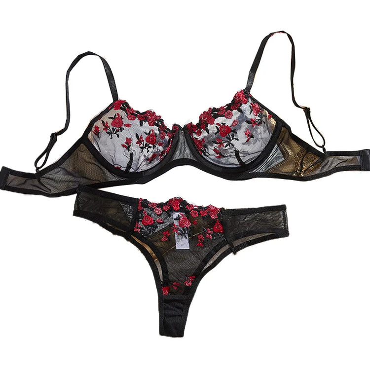 Embroidery Women's Transparent Mesh Underwear Two-piece Bra And Panties Sets