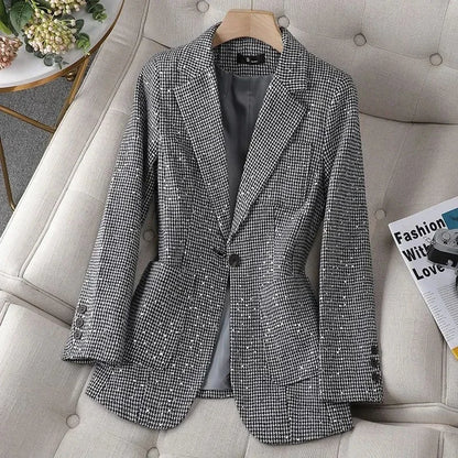 Women's Blazer Two-piece Set Spring Autumn New Fashion Glitter Vintage Suit Jacket Elegant Casual Shorts +Shiny Check Outwear Se