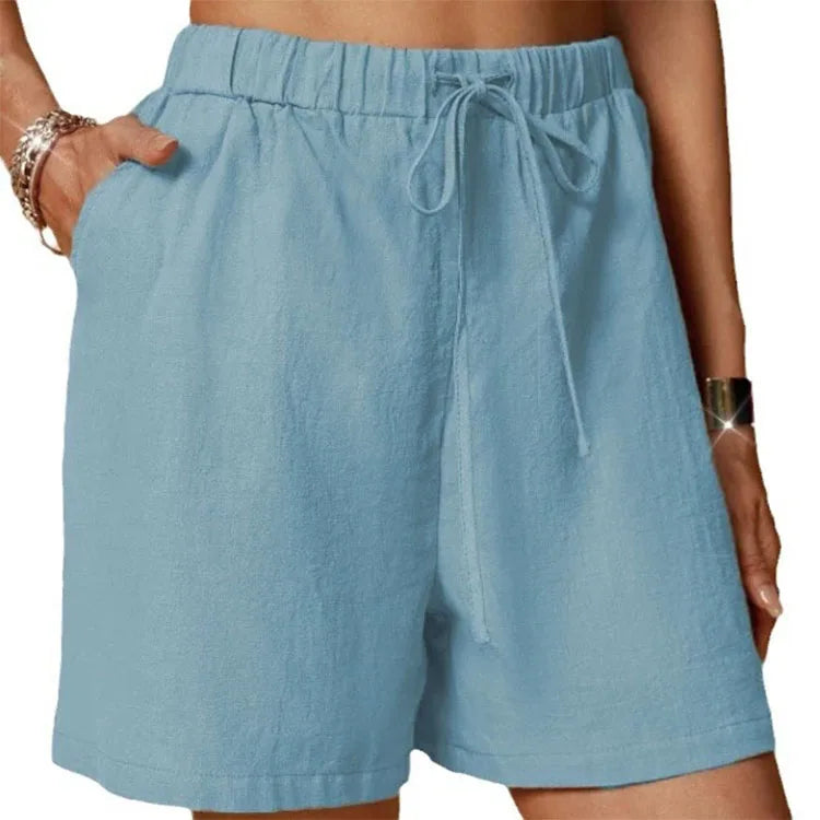 Independent website wish Amazon new style pure color loose casual elastic waist lace-up shorts for women