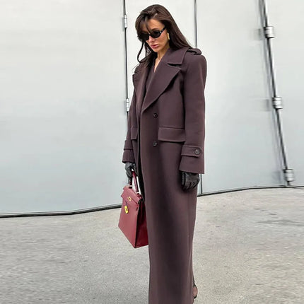 Fashion Solid Women's Wool Coat Lapel Double Breasted Button Long Sleeves Loose Coat Chic 2026 Autumn Winter New Street Wear