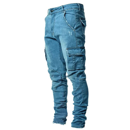 new Jeans Men Pants Wash Solid Color Multi Pockets Denim Mid Waist Cargo Jeans Plus Size Fahsion Casual Trousers Male Daily Wear PlatiNum