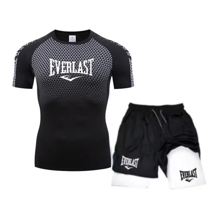 EVERLAST Men's Compress Shirt + 2-in-1 sports shorts 2pcs Set Leisure Breath Short Sleeve Sport Jogging Gym Brand Print Clothing platinumshop