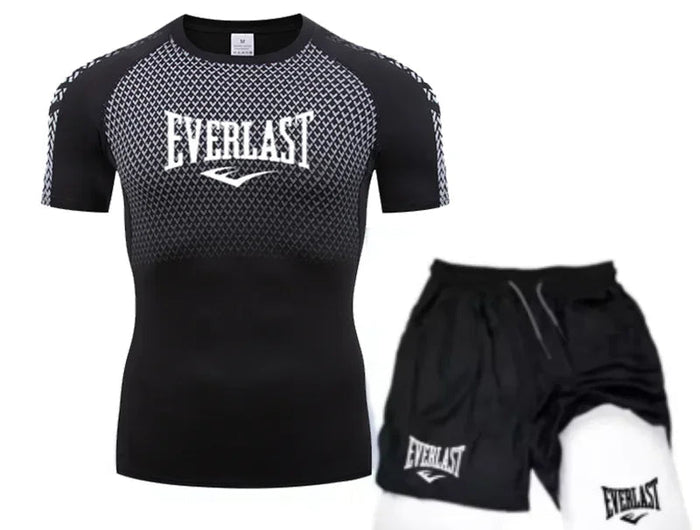 EVERLAST Men's Compress Shirt + 2-in-1 sports shorts 2pcs Set Leisure Breath Short Sleeve Sport Jogging Gym Brand Print Clothing platinumshop