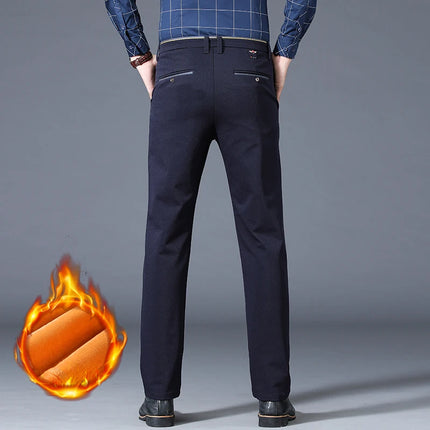 Winter Warm Mens Fleece Suit Pants Business Office Straight Formal Thicken Casual Pants Elastic Classic Velvet Thermal Trousers