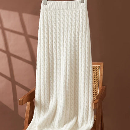 Autumn Winter 100% Cashmere Skirt Women Soild Mid-calf  High Waist Twist Flower Fit Slimming Knitted Dress  Light Luxury Elegant PlatiNum