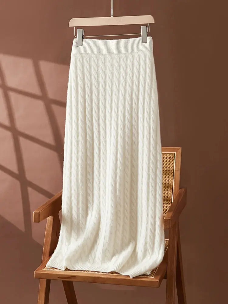 Autumn Winter 100% Cashmere Skirt Women Soild Mid-calf  High Waist Twist Flower Fit Slimming Knitted Dress  Light Luxury Elegant PlatiNum