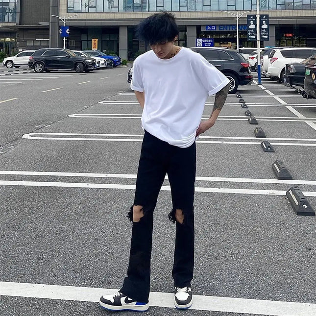 American High Street Zipper Ripped Raw Edge Black Jeans Men's fashion Loose Straight Leg Long Pants Casual Streetwear Jean PlatiNum