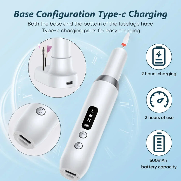 Portable Professional Electric Manicure Nail Drill Polisher Pen, Equipped with Multi-functional Grinding Drill Bits, Efficient Tool for Nail Surface Sanding, Dead Skin Cuticle Removal and DIY Nail Art Creation