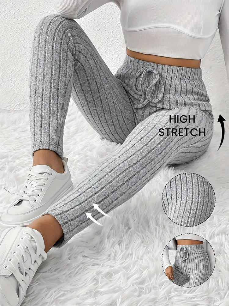 Casual Every Day Stretchy Women Drawstring Leggings High Waist Solid Color Breathable Sports Leggings Soft Comfortable Colthing PlatiNum