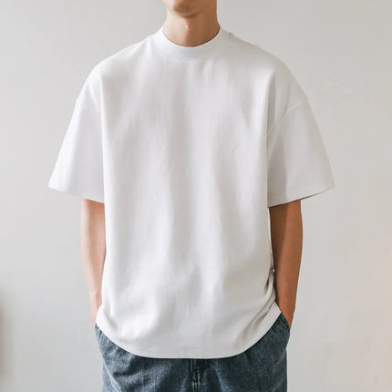 Small Neck T-shirts Men 350gsm Cotton Solid Color Male Short-sleeved T-shirt Spring Summer Loose Bottoming Shirt Casual T Shirts PlatiNum