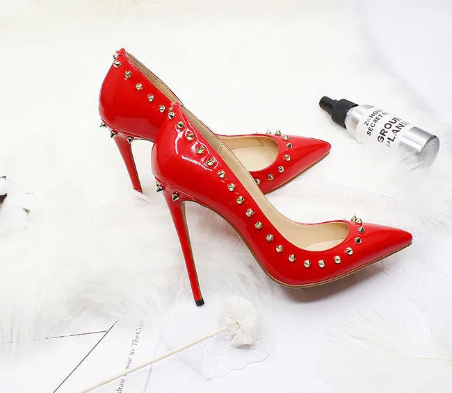 Women 12CM Stiletto Fashion Rivet High Heels Black Red Shallow Mouth Single Shoes Club Party Female Pointy Pumps Plus Size 34-45