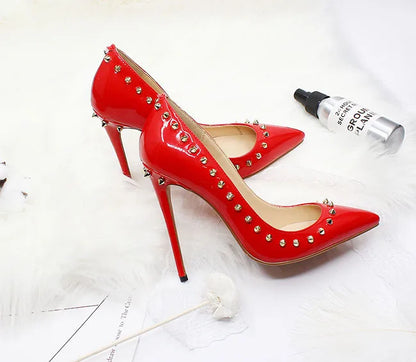 Women 12CM Stiletto Fashion Rivet High Heels Black Red Shallow Mouth Single Shoes Club Party Female Pointy Pumps Plus Size 34-45