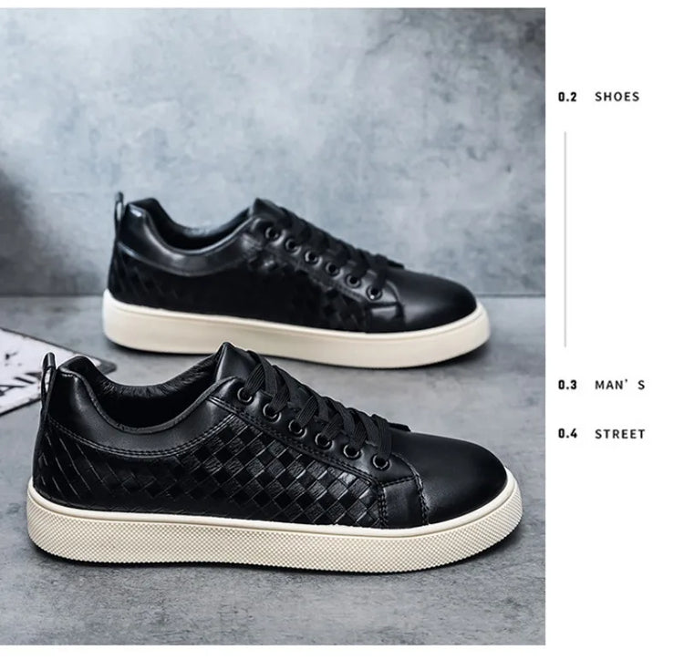 Men Woven Faux Leather Lace‑Up Skate Sneakers Low Top Flat Casual Shoes Retro Stitching Splicing Daily Outdoor Commuter Footwear