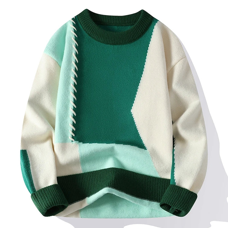 Fashion Mens Warm Knitted Sweaters Patchwork O Neck Knit Pullovers Autumn Winter Korean Streetwear Pullover Casual Mens Clothing