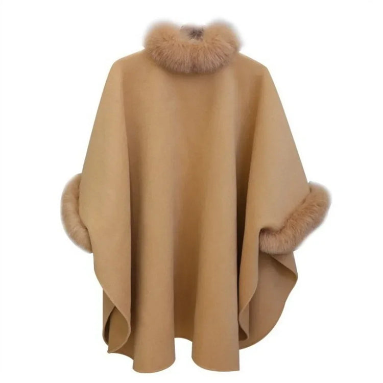 S-5XL Winter Warm Fashion Cloak Horn Buckle Woolen Poncho Capes Women Faux Rabbit Fur Dolman Sleeves Loose Long Cappa Coat
