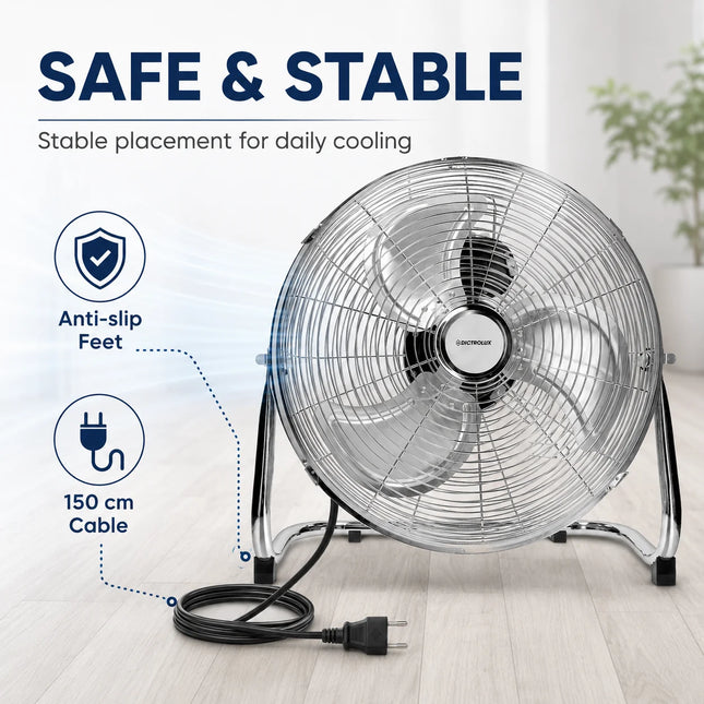 DICTROLUX Ventilatore da Pavimento in Metallo 51cm, 120W, 3 Velocità, 90° di Rotazione °   Inclinazione Regolabile 91m³/min 220-240V