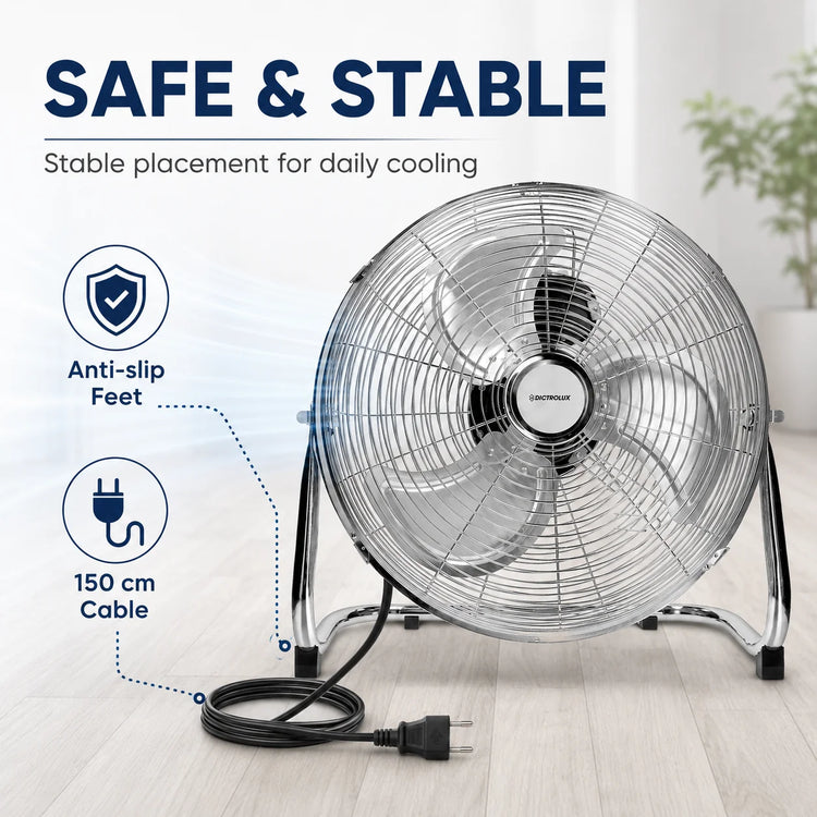 DICTROLUX Ventilatore da Pavimento in Metallo 51cm, 120W, 3 Velocità, 90° di Rotazione °   Inclinazione Regolabile 91m³/min 220-240V