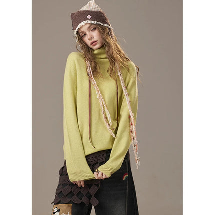 ELF SACK 2025 Winter New Solid Color Turtleneck Sweater Women, Romantic Cottagecore Fitted Long Sleeve Wool Blend Pullover PlatiNum