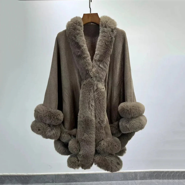 5 Colors 2024 Women 2 Circle Faux Rabbit Fur Cape Poncho Winter Loose Warm Shawl Outerwear Cashmere Cloak Overcoat