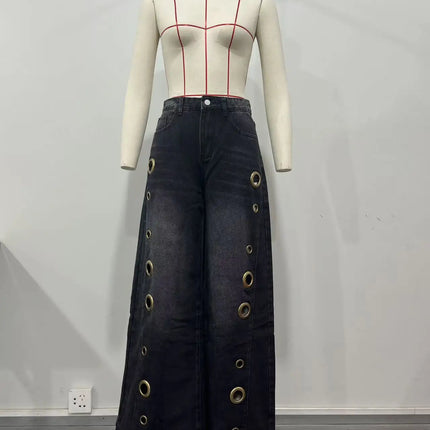 Jeans da Donna a Gamba Larga, Vita Media, con Dettagli Traforati, Effetto Vintage, Stile High Street, Eleganti, da Lavoro, Casual, Pantaloni Dritti
