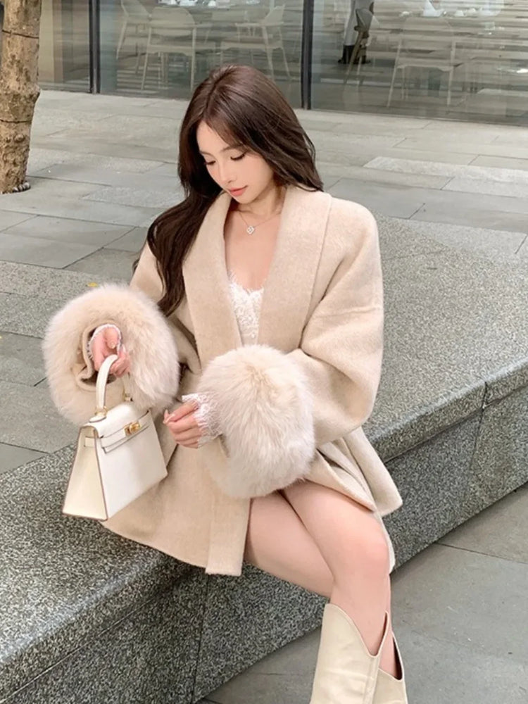 Coats for Women Autumn Winter New Elegant Long Sleeves V Neck Lace Up Woolen Coat Korean Fashion Casual Loose Street Trends Coat