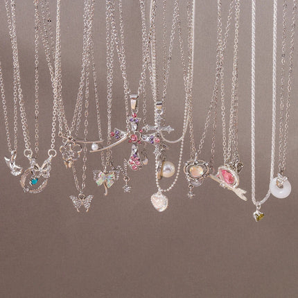 Y2K Crystal Butterfly Heart Necklace Fashion Kpop Shiny Clavicle Chain Necklaces for Women Girls New Trend Party Gifts Jewelry PlatiNum