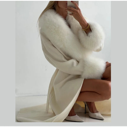 White Fur Patchwork Lace-up Overcoats Women's Street V-neck Full Sleeve Long Woolen Coat 2025 Winter New Ladies Thick Outwear