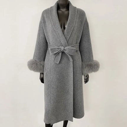 Elegant OL Office Lady Overcoats Fur Patchwork Long Sleeve Woolen Coat Beautiful Women's Clothing Jacket Autumn 2025 Spring